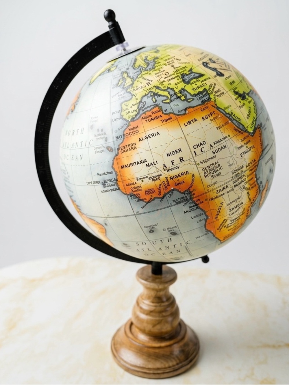 Decorative Rotating Desktop Globe with Turned Wood Base